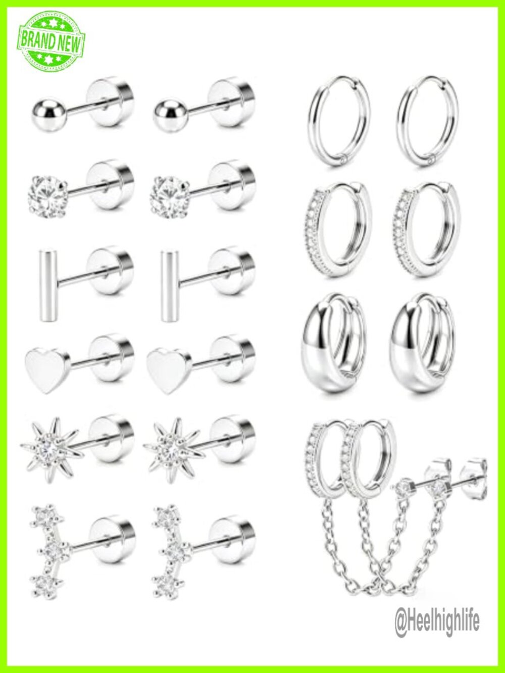 10 Pairs 316L Surgical Stainless Steel Flat Back Stud & Hoop Earrings